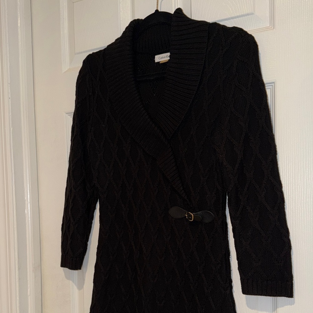 Calvin Klein Cable Knit Shawl Collar Buckle Sweater Dress M - Picture 14 of 16